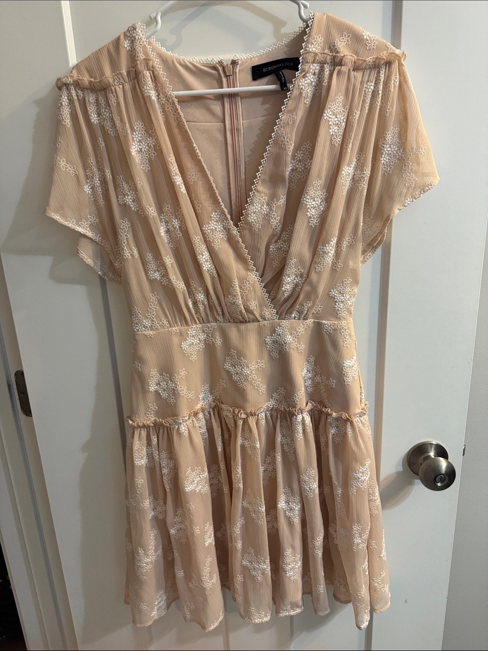 BCBGMaxAzria Nude Beige Embroidered V-Neck Ruffle Dress